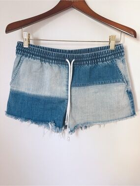 Aerie Colorblock Denim Pull On Shorts Drawstring Frayed Hem Women's Small